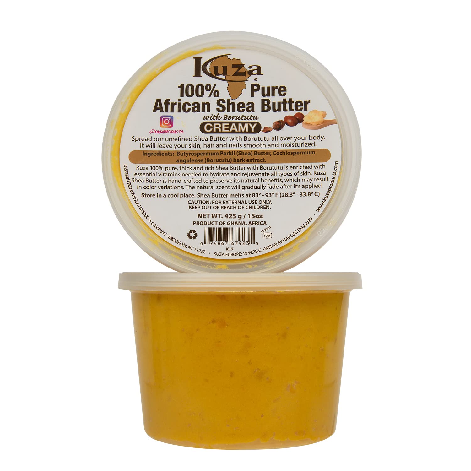 Kuza 100% African Shea Butter with Borututu - Creamy, Yellow - for Skin, Hair and Nails, 15 oz